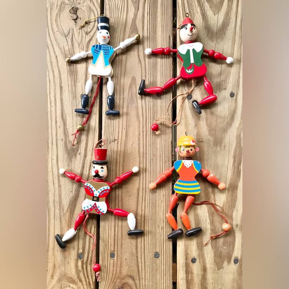 Lot Vintage Wooden Pull String Toy Solider Snowman Elf Animal Holiday Ornaments